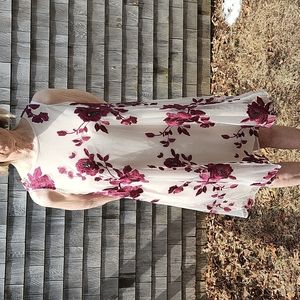 Beige by Eci, Swing Dress, Sm with embrodierd net of Maroon Roses and Leaves